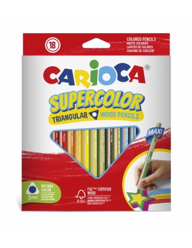 Carioca Supercolor Pack de 18 Lapices de Madera - Cuerpo Triangular Maxi - Colores Intensos y Gran Opacidad - Lapizgrueso Ø