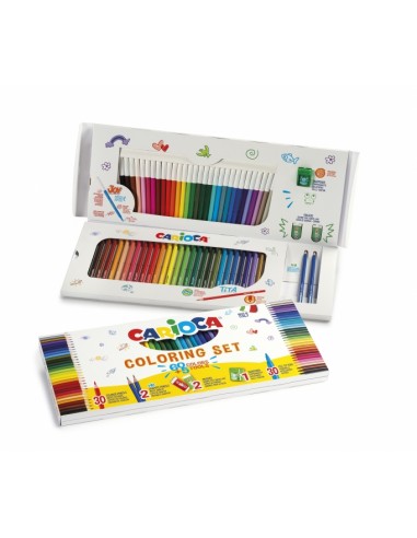 Carioca Joy Pack de 65 Piezas para Colorear - 30 Rotuladores Super Lavables - 30 Lapices de Color Superfuertes - 2 Gomas de