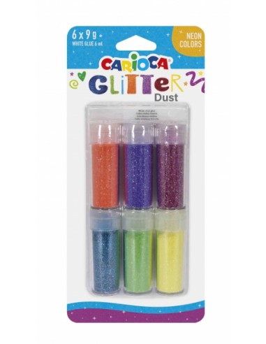 Carioca Glitter Dust Pack de 6 Colores - Cola Incluida - Ideal para Superficies Oscuras - Perfecta para Decoraciones y