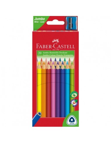 Faber-Castell Jumbo Junior Pack de 20 Lapices de Colores Triangulares-Sacapuntas - Mina Resistente a la Rotura - Lavable -