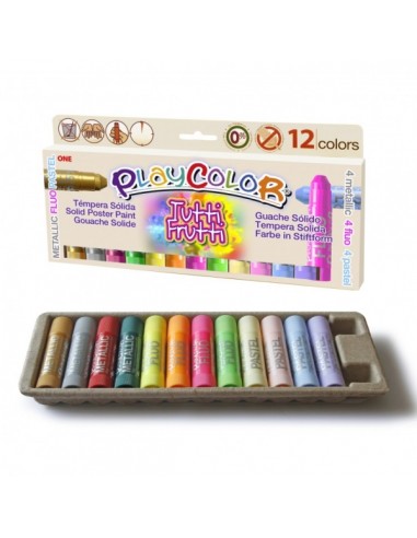PlayColor Tuttifrutti Pack de 12 Temperas Solidas - No Arrugan el Papel - No Necesitan Barniz - Colores Metallic-Fluo y