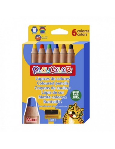 PlayColor Maxi Pack de 6 Lapices de Colores de Punta Gruesa-Sacapuntas - Trazo Extrasuave - Apto para Papel-Carton-Vidrio