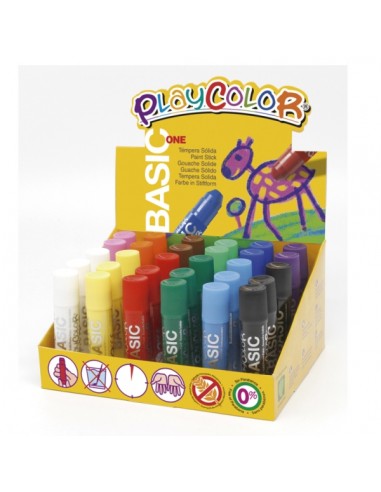 PlayColor Basic One Expositor de 30 Temperas Solidas - No Arrugan el Papel - No Necesitan Agua - Especial para Uso Escolar -