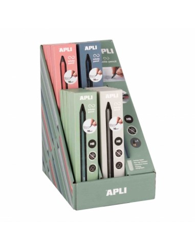 Apli Infinite Pencil Expositor con 20 Packs de Lapiz Infinito HB-Mina de Recambio-Tapon Protector - Para Escribir hasta