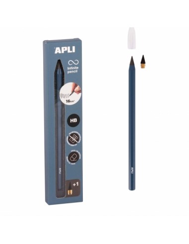 Apli Infinite Pencil Pack de Lapiz Infinito HB-Mina de Recambio-Tapon Protector - Para Escribir hasta 16km - Color Azul