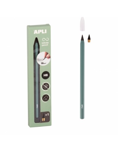 Apli Infinite Pencil Pack de Lapiz Infinito HB-Mina de Recambio-Tapon Protector - Para Escribir hasta 16km - Color Verde