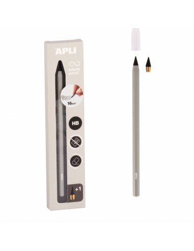 Apli Infinite Pencil Pack de Lapiz Infinito HB-Mina de Recambio-Tapon Protector - Para Escribir hasta 16km - Color Gris