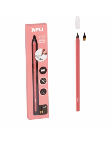 Apli Infinite Pencil Pack de Lapiz Infinito HB-Mina de Recambio-Tapon Protector - Para Escribir hasta 16km - Color Rosa