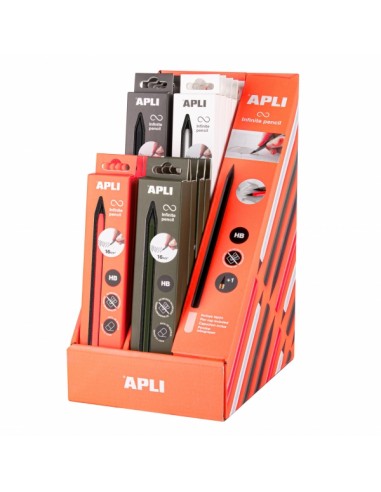 Apli Infinite Pencil Expositor con 20 Packs de Lapiz Infinito HB-Mina de Recambio-Tapon Protector - Para Escribir hasta