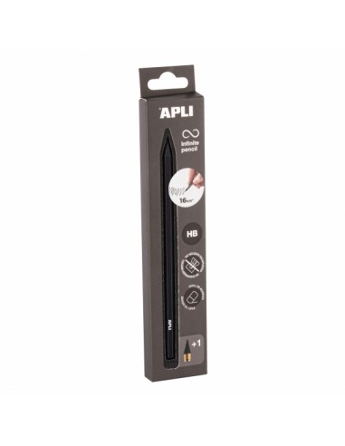 Apli Infinite Pencil Pack de Lapiz Infinito HB-Mina de Recambio-Tapon Protector - Para Escribir hasta 16km - Color Negro