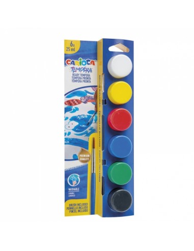 Carioca Pack de 6 Temperas en Botes - 25 ml - Pincel Incluido - Superlavables - Mezclable - Colores Surtidos