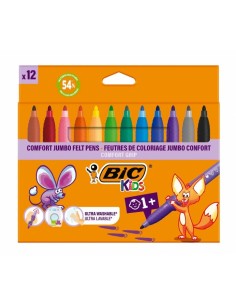 BIC Kids Comfort Jumbo Pack de 12 Rotuladores con Tinta Lavable - Facil de Limpiar - Agarre Antideslizante - Colores Surtidos