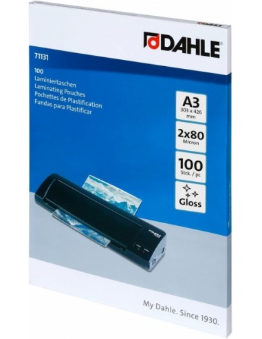 Dahle Pack de 100 Fundas para Plastificar Brillo A3 - 80 Micras - Alta Calidad - Transparente