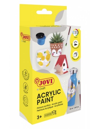 Jovi Pintura Acrilica Estuche con 6 Botes-Pincel - Acabado Satinado - Alto Poder Cubriente - Aplicacion Facil - Resistente