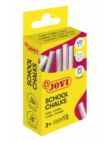 Jovi School Chalks Caja con 10 Tizas Blancas - Compactas - sin Polvo - Materias Primas Naturales - Trazos Nitidos - Faciles