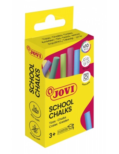 Jovi School Chalks Caja de 10 Tizas - Compactas - sin Polvo - Materias Primas Naturales - Trazos Nitidos - Faciles de Borrar