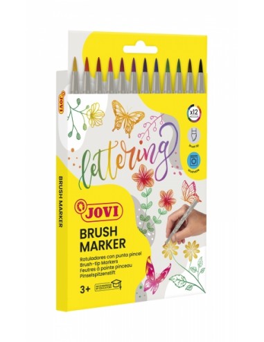 Jovi Felt Pens Estuche de 12 Rotuladores Punta Pincel - Punta Suave y Flexible - Trazos Finos y Gruesos - Tinta Base Agua -