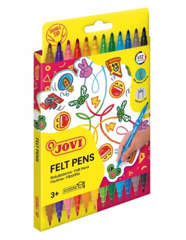 Jovi Felt Pen Extuche 12 Rotuladores de Doble Punta - Amplia Variedad de Tonos - Tinta de Gran Fijacion - Punta Fina y Maxi -