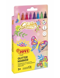 Jovi Glitter Marker Caja con 8 Rotuladores Efecto Purpurina - Tinta Base Agua - Grip Triangular Ergonomico - Punta Resistente
