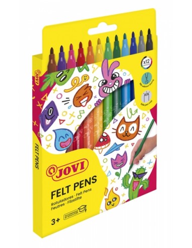 Jovi Felt Pens Estuche de 12 Rotuladores - Amplia Variedad de Tonos - Tinta de Gran Fijacion - Punta de 3mm - Capuchon de