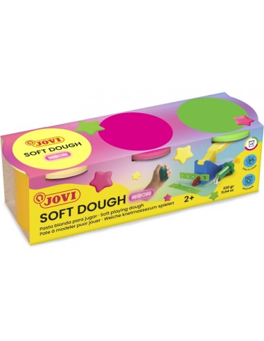 Jovi Soft Dough Blandiver Estuche de 3 Botes Colores Neon - Blanda y Flexible - Facil de Amasar y Moldear - Ideal para