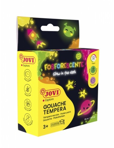 Jovi Gouache Estuche de 4 Botes de Tempera 35ml Tempera Escolar - Colores Fosforescentes - Brilla en la Oscuridad - Secado