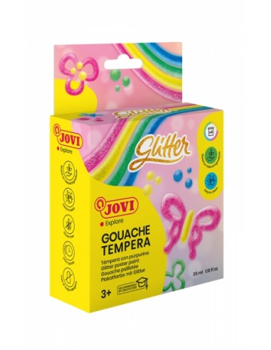 Jovi Glitter Gouache Estuche de 4 Botes de Tempera 35ml - Tempera Liquida Base Agua - Particulas de Purpurina - Excelente