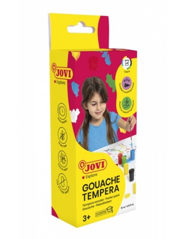 Jovi Gouache Tempera Estuche de 6 Botes 15ml-Pincel - Mezclables - para Papel-Cartulina-Madera-Tela-Pasta de Modelar o