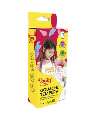 Jovi Gouache Tempera Estuche de 6 Botes 15ml Tempera Escolar - Colores Pastel-Pincel - Mezclables - Incluye Pincel - Color