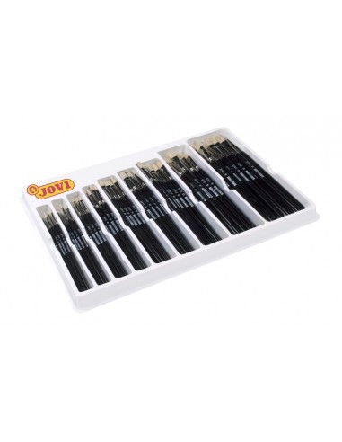 Jovi Caja Expositora de 108 Pinceles Artisticos Planos Pelo Cerda Surtidos - Pelo Natural - Mango de Madera - Punta Plana -