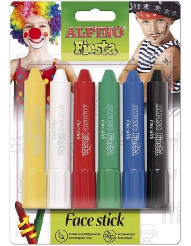 Alpino Fiesta Face Stick Pack con 6 Barritas de Pintura Facial - Sistema Retractil Giratorio - Se Lava con Agua - Testado