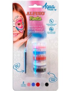 Alpino Fiesta Aqua Make-up Pack Torre de Maquillaje Facial Acuarelable con 5 Colores Diferentes-Pincel-Esponja - Se Lava
