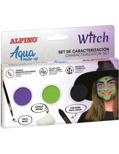 Alpino Aqua Make Up Set de Caracterizacion de Bruja - 3 Polveras-Cera Negra-Pincel-Esponja