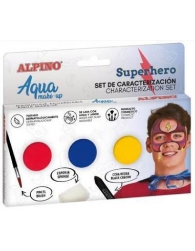 Alpino Aqua Make Up Set de Caracterizacion de Superheroes - 3 Polveras-Cera Negra-Pincel-Esponja