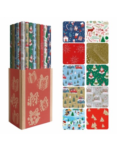Dohe Navidad Expositor de 50 Rollos de Papel Regalo - 10 Diseños Diferentes - 5 Rollos por Diseño - Medidas del Rollo