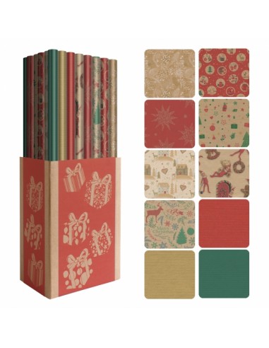Dohe Navidad Kraft Expositor de 50 Rollos de Papel Regalo - 10 Diseños Diferentes - 5 Rollos por Diseño - Medidas del Rollo
