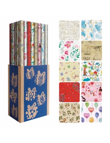 Dohe Everyday Expositor de 50 Rollos de Papel Regalo - 10 Diseños Diferentes - 5 Rollos por Diseño - Medidas del Rollo