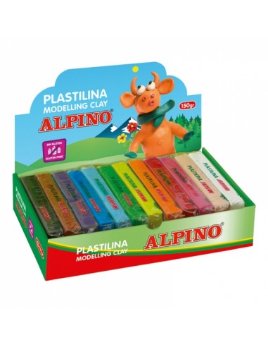 Alpino Expositor de 12 Pastillas de Plastilina 150gr - Muy Flexible - Pueden Mezclarse - Sin Gluten - Colores Surtidos