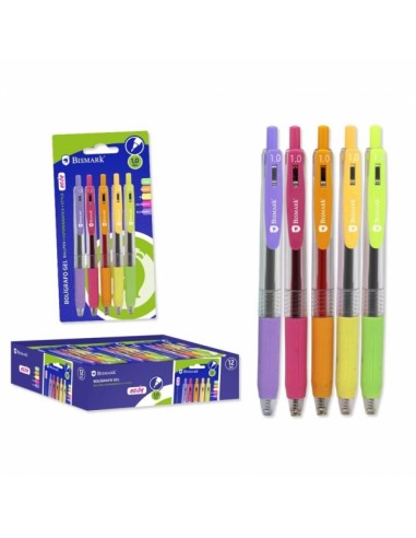 Bismark Pack de 5 Boligrafos Retractiles Tinta Gel - Punta 1.0mm - Escritura Suave - Colores Neon Surtidos
