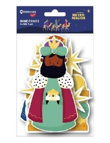 Bismark Pack de Banderines Colgantes de Papel Reyes Magos - Reyes-Estrellas y Cofres - No Incluye la Cuerda