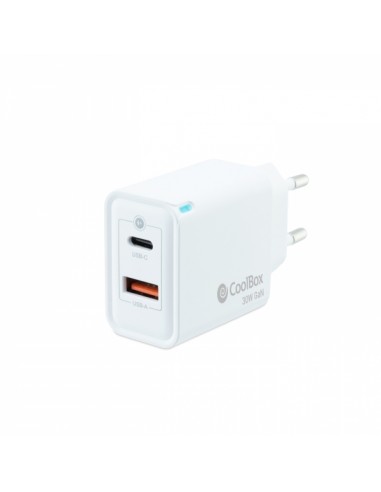 Coolbox Cargador de Pared GaN 30W USB-C USB-A Carga Rapida - Compacto - Dual USB - Eficiencia Energetica. - Color Blanco
