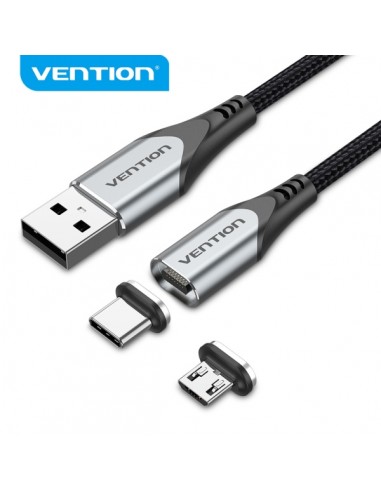 Vention CQMHD Cable USB-A 2.0 a Micro-B y USB-C Magnetico - Conectores Intercambiables - Transferencia 480 Mb s - Color Gris