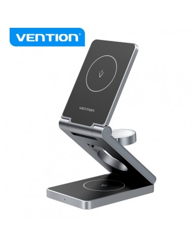Vention Soporte Cargador Inalambrico 3 en 1 MagSafe - Carga Rapida 15W - Plegable 180° - Color Negro