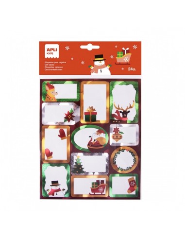 Apli Pack de 24 Etiquetas Adhesivas Navideñas para Regalos - Tamaños y Diseños Surtidos - Espacio para Escribir