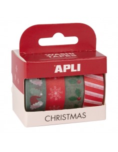 Apli Christmas Pack con 4 Cintas Adhesivas de Papel Washi 15mmx10m - Tematica Navideña - 4 Diseños Diferentes - Decoracion