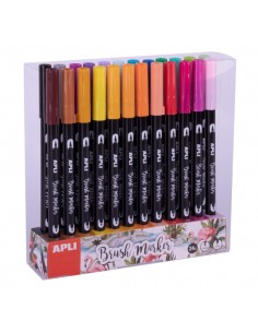 Apli Brush Marker Pack de 24 Rotuladores Acuarelables de Doble Punta - Punta Pincel de 1-4mm y Punta Redonda de 1mm - Tinta