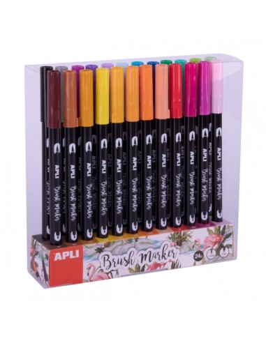 Apli Brush Marker Pack de 24 Rotuladores Acuarelables de Doble Punta - Punta Pincel de 1-4mm y Punta Redonda de 1mm - Tinta