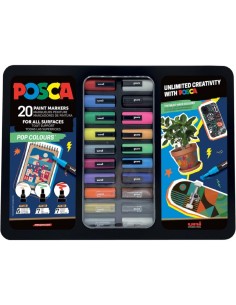 Posca Pop Colours Maleta Metalica con 20 Marcadores de Pintura - Surtido en Color y Trazo - Punta de Poliester - Tinta