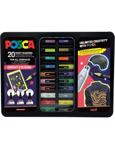 Posca Groovy Colours Maleta Metalica con 20 Marcadores de Pintura - Surtido en Color y Trazo - Punta de Poliester - Tinta