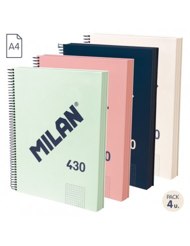 Milan Serie 1918 Pack de 4 Cuadernos Espiral Formato A4 Cuadricula 5x5mm - 120 Hojas de 95 gr m2 - Microperforado-4 Taladros